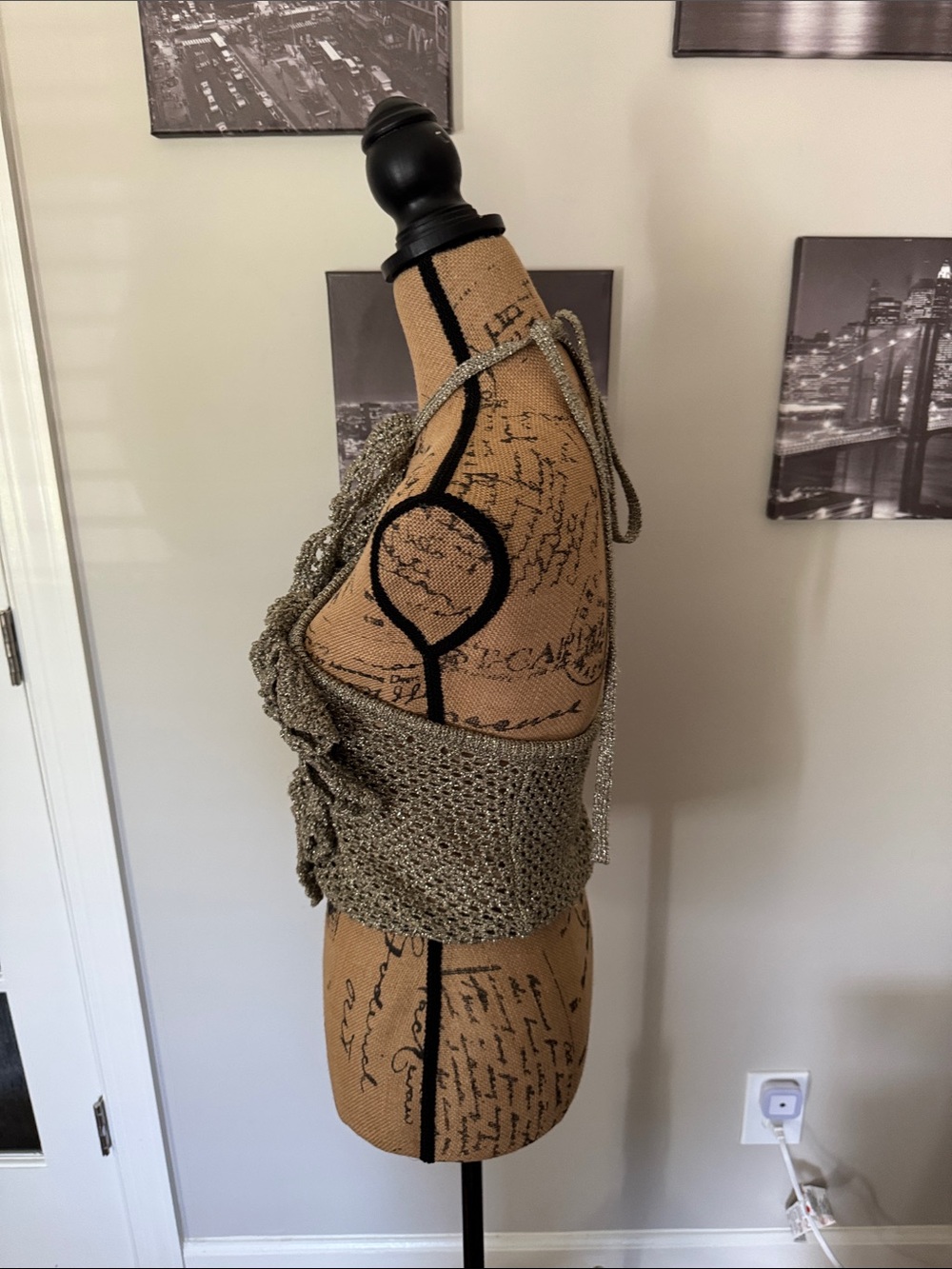 cult gaia Metallic Taupe Crochet Trim Top with Gold Logo Plate - Picture 2 of 4